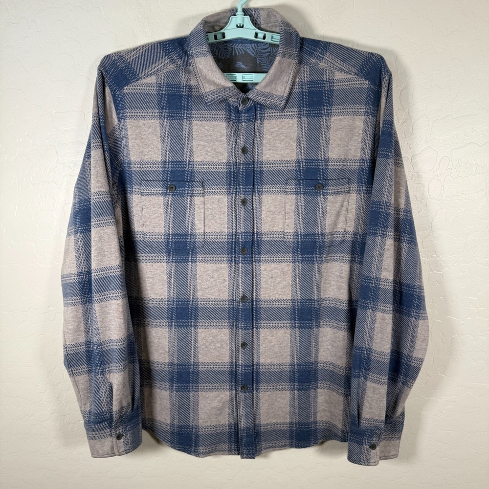 Tommy Bahama Shirt Mens XL Blue Gray Flannel‎ Button Up Long Sleeve Plaid Beach